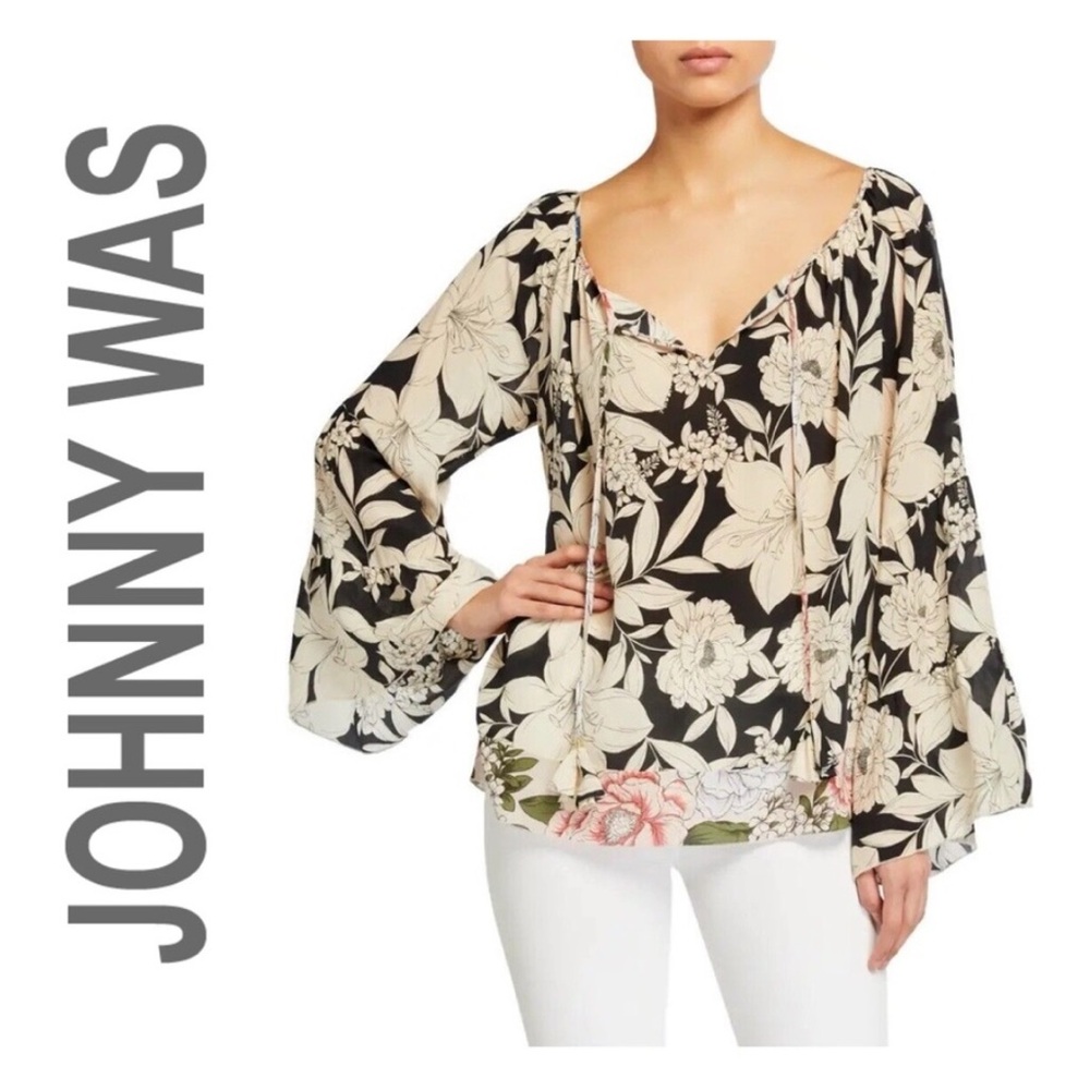 Johnny Was Black and Cream Floral Top